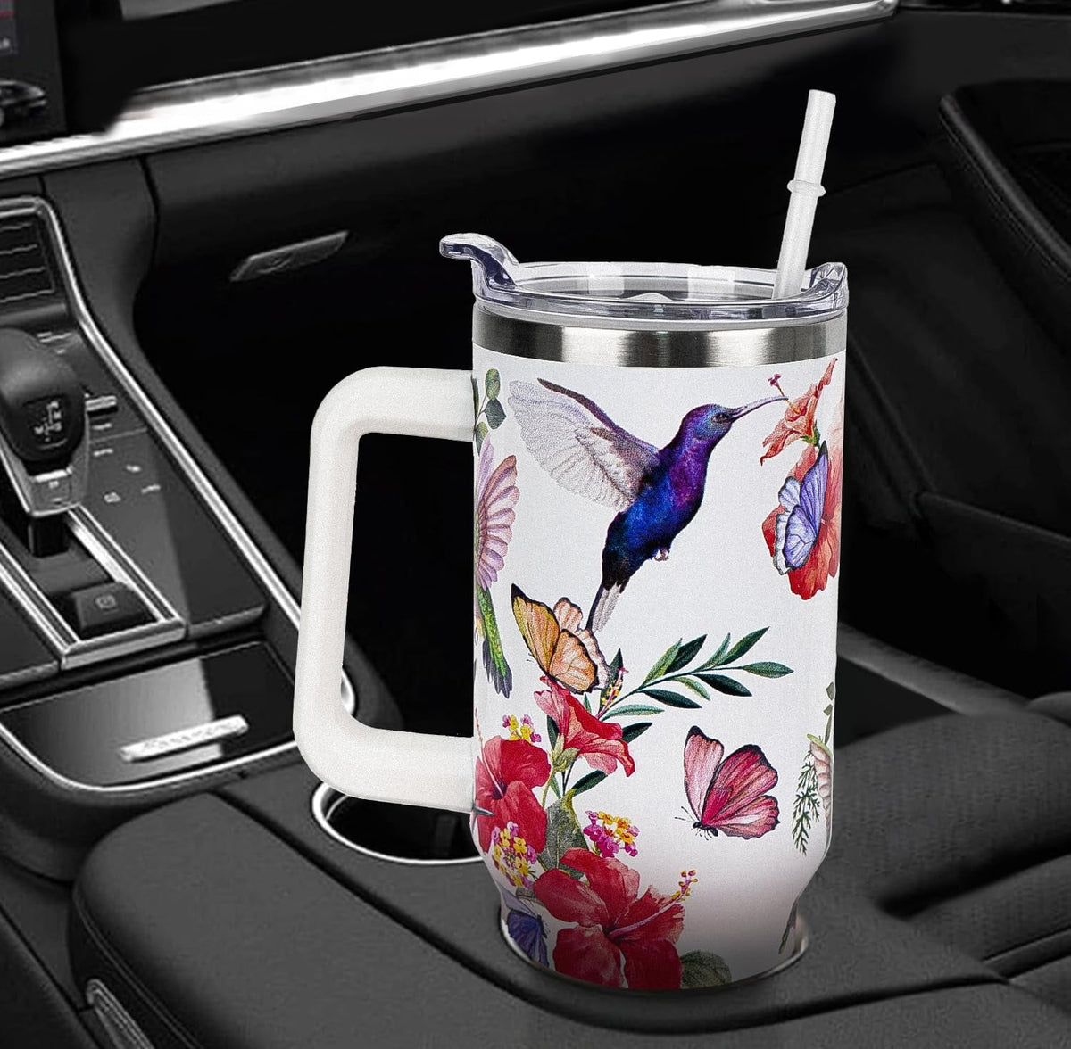 Lunabuddy™ 40 oz Tumbler with Handle and Straw Leak Proof Tumbler 40 oz Insulated Cup with Handle Hummingbird Coffee Travel Mug 40 oz Hummingbird Tumbler with Handle Hummingbird Gifts for Women