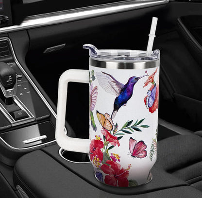 Lunabuddy™ 40 oz Tumbler with Handle and Straw Leak Proof Tumbler 40 oz Insulated Cup with Handle Hummingbird Coffee Travel Mug 40 oz Hummingbird Tumbler with Handle Hummingbird Gifts for Women
