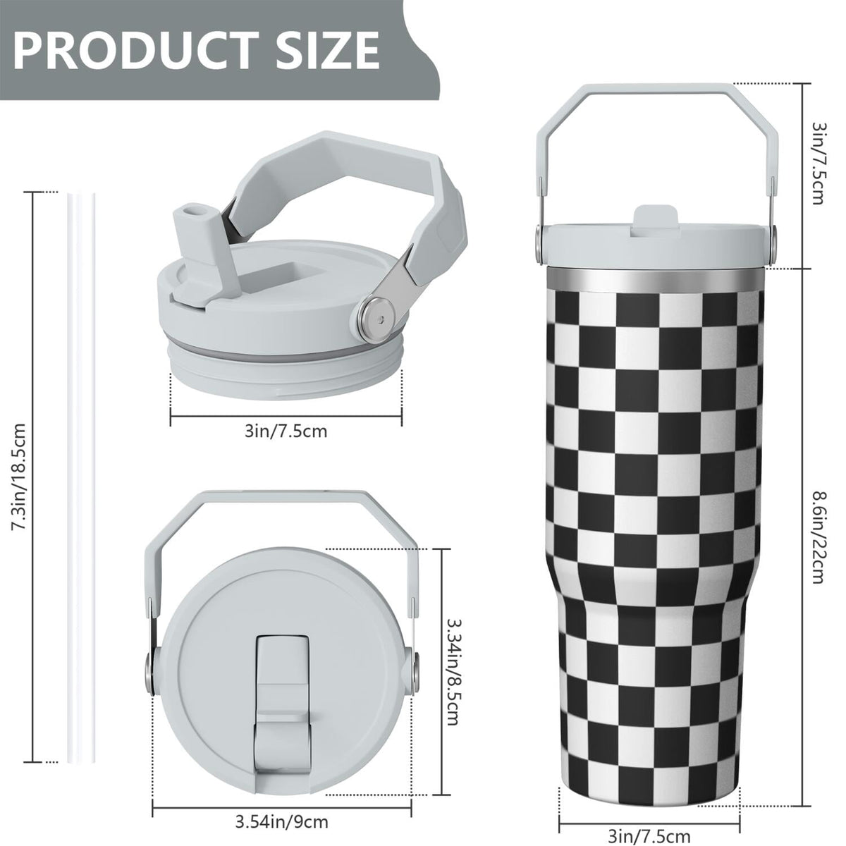 Lunabuddy™ 1pc Black and white grid 30oz Tumbler with Straw & Handle - Insulated Stainless Steel Cup | Holiday Gift for Man Women (Christmas, Valentine's, Birthday)