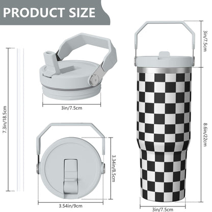 Lunabuddy™ 1pc Black and white grid 30oz Tumbler with Straw & Handle - Insulated Stainless Steel Cup | Holiday Gift for Man Women (Christmas, Valentine's, Birthday)