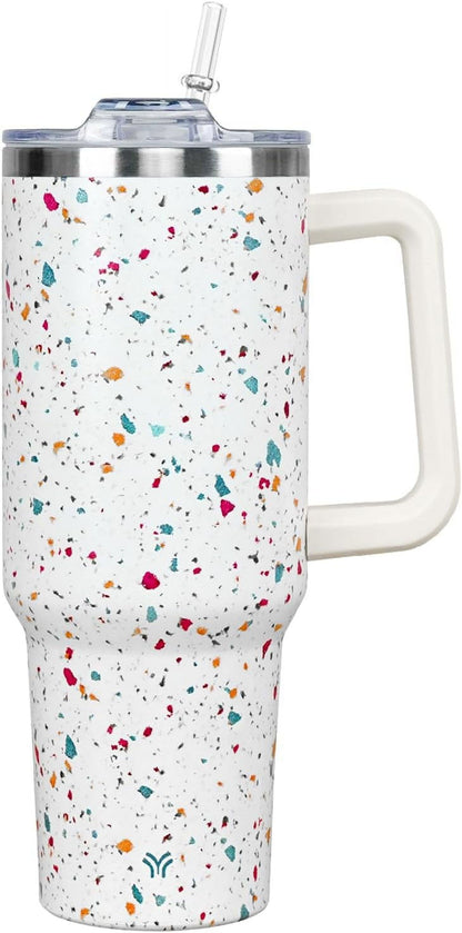 Lunabuddy™ 40oz Tumbler with Handle and Straw Lid | Vacuum Insulated Leak Proof Tumbler | Stainless Steel Travel Mug Water Bottle Cup Keeps Cold & Hot | Terrazzo