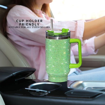 Lunabuddy™ STP GOODS Stainless Steel Rhinestone Insulated Tumbler with Handle Lid and Straw 40 fl oz (1200 ml) Double-Wall Travel Mug, Light Green