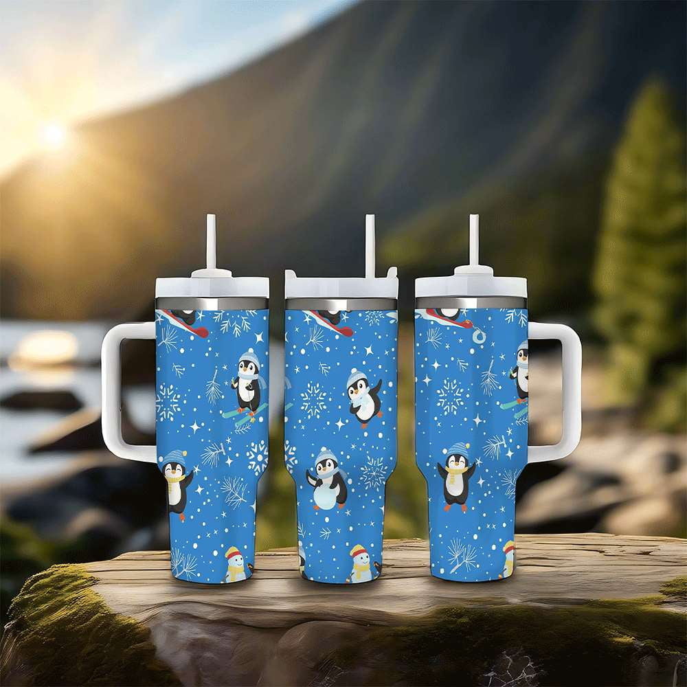 Lunabuddy™ Penguin Winter Travel Tumbler with Lid and Straw, Stainless Steel Insulated Cup with Cute Snow & Ski Design
