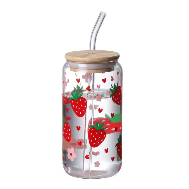 Lunabuddy™ Totoro Hero Kawaii Strawberry Glass Cup With Lid And Straw Drinking Cups Iced Hot Coffee Glasses Cute Tumbler Cup for Kitchenware Juice Cup