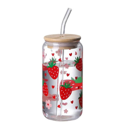 Lunabuddy™ Totoro Hero Kawaii Strawberry Glass Cup With Lid And Straw Drinking Cups Iced Hot Coffee Glasses Cute Tumbler Cup for Kitchenware Juice Cup