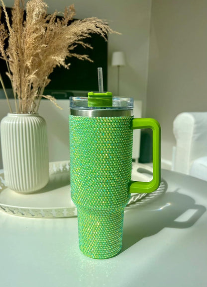 Lunabuddy™ STP GOODS Stainless Steel Rhinestone Insulated Tumbler with Handle Lid and Straw 40 fl oz (1200 ml) Double-Wall Travel Mug, Light Green