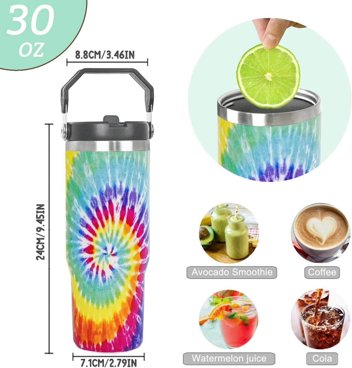 Lunabuddy™ 30oz Tie Dye Print Tumbler with Handle Flip Straw Tie Dye Print Coffee Mug with Handle Leak Proof Insulated Tumbler Tie Dye Gifts for Women
