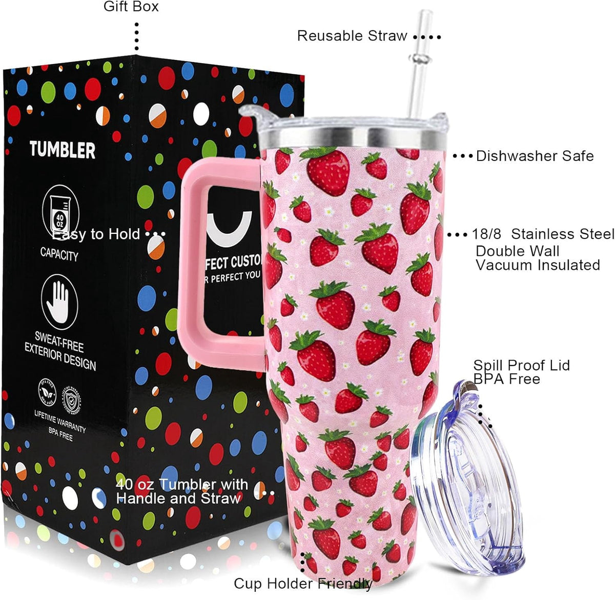 Lunabuddy™ Strawberry Cup 40 OZ Tumbler with Handle and Straw Lid Leak Proof - Strawberry Travel Coffee Mug with Handle Insulated for Hot Cold Ice - Birthday Gifts for Women Stainless Steel Cup
