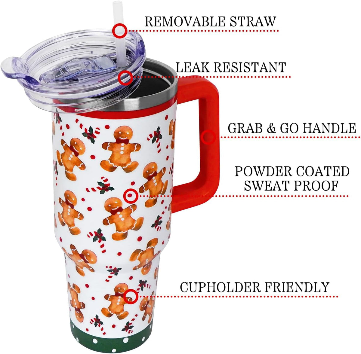 Lunabuddy™ Christmas Tumbler with Handle and Straw Lid 40 oz,Cute Christmas Gifts for Women Gingerbread Candy Cane Vacuum Insulated Leak Proof Tumbler,Winter Holiday Accessories Stainless Steel Coffee Cup Mug