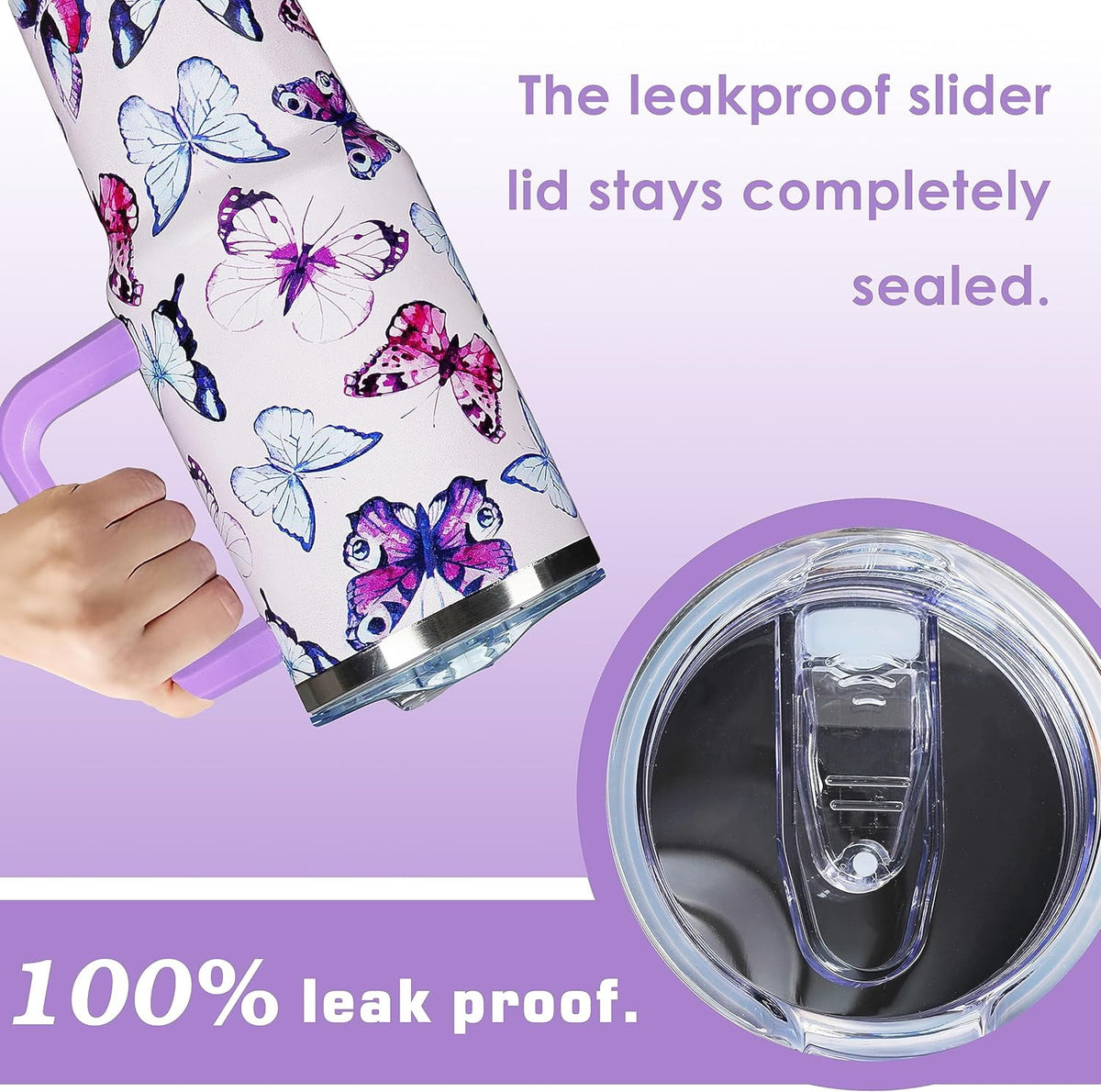 Lunabuddy™ 40 Oz Tumbler With Handle 40oz Purple Butterfly Tumbler With Lid Straw Double Insulated Travel Coffee Mug Butterfly Gifts For Women