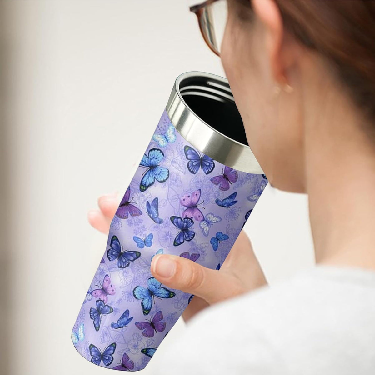 Lunabuddy™ 30 oz Purple Butterfly Tumbler with Handle and Filp Straw, Stainless Steel Cup with Lid and Straw, Travel Coffee Mug Insulated Water Bottle,Christmas Birthday Mothers Day Gifts for Women Animal Lovers