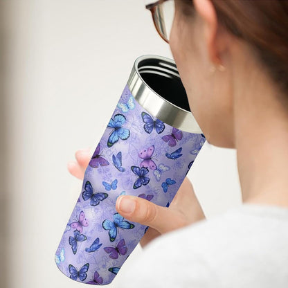 Lunabuddy™ 30 oz Purple Butterfly Tumbler with Handle and Filp Straw, Stainless Steel Cup with Lid and Straw, Travel Coffee Mug Insulated Water Bottle,Christmas Birthday Mothers Day Gifts for Women Animal Lovers