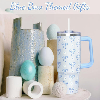 Lunabuddy™ 30 Oz Blue Bow Tumbler with Handle and Straw, Insulated Stainless Steel Coffee Travel Cup Mug Water Bottle, Blue Bow Themed Gifts for Women Teen Girl