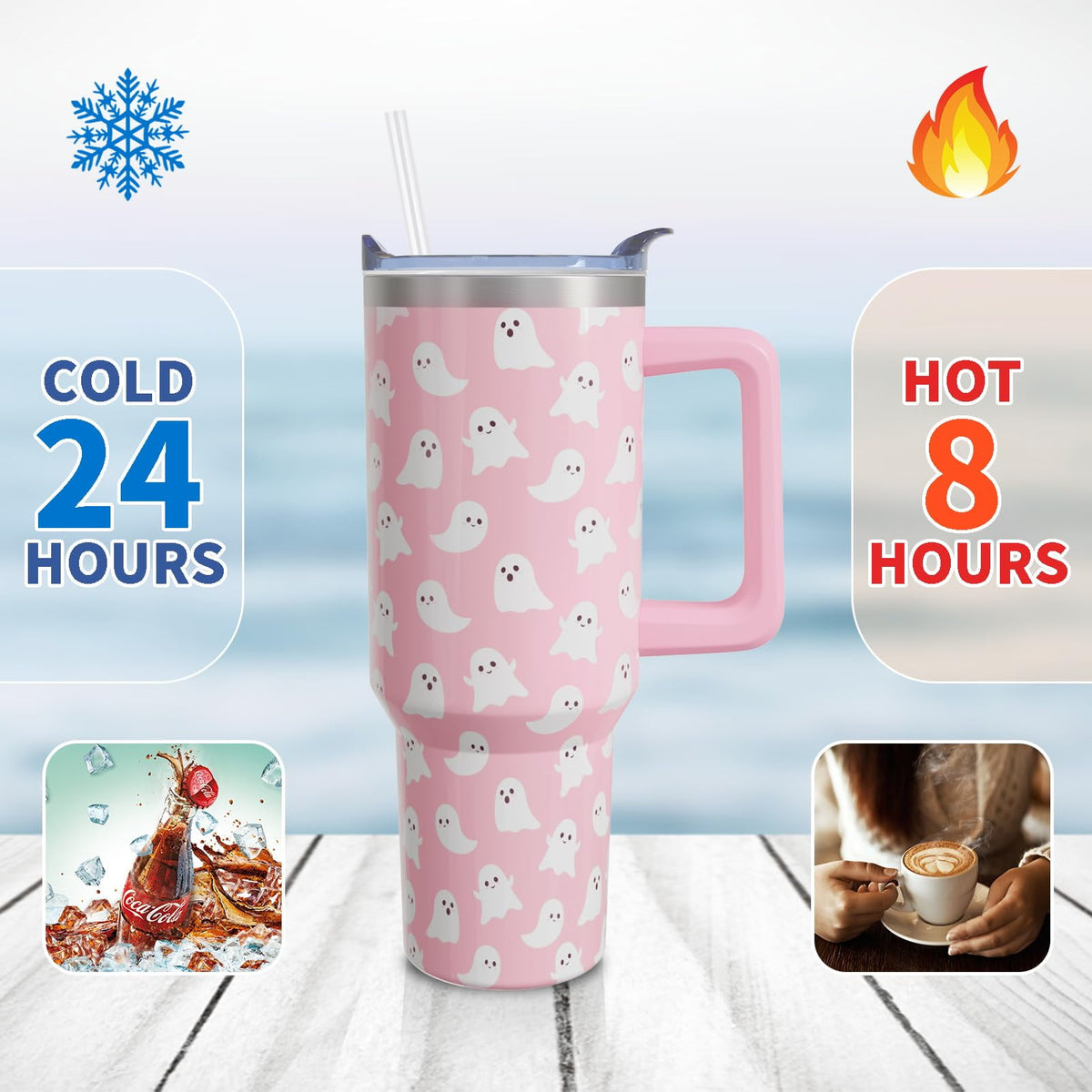 Lunabuddy™ 40 Oz Tumbler with Handle and Straw, Cute Stainless Steel Double Walled Vacuum Insulated Cup, Holiday Gifts for Women Girls