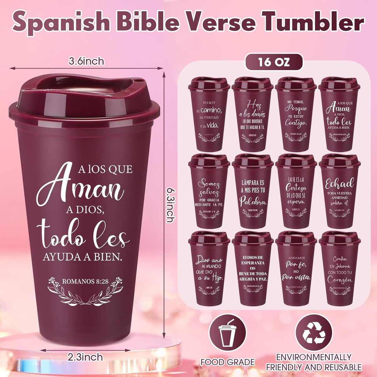 Lunabuddy™ Spanish Bible Verse Tumblers Bulk, 16 oz Reusable Christian Cups with Lids, Plastic Coffee Cups for Church Events, Bible Study, Sunday School, Teacher Appreciation(Wine Red,24)