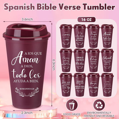 Lunabuddy™ Spanish Bible Verse Tumblers Bulk, 16 oz Reusable Christian Cups with Lids, Plastic Coffee Cups for Church Events, Bible Study, Sunday School, Teacher Appreciation(Wine Red,24)