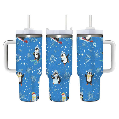 Lunabuddy™ Penguin Winter Travel Tumbler with Lid and Straw, Stainless Steel Insulated Cup with Cute Snow & Ski Design