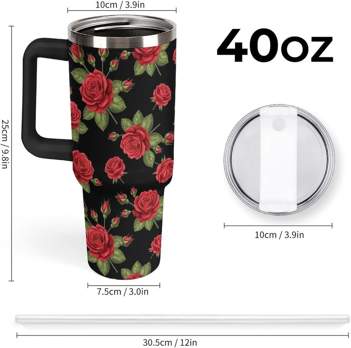 Lunabuddy™ 40 oz Insulated Floral Flowers Red Rose Coffee Tumbler with Portable Handle, Stainless Steel Vacuum Travel Mug for Unisex Home, Office Use