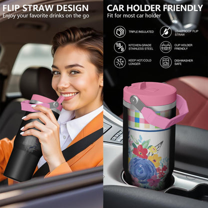 Lunabuddy™ 30oz Pioneer Colorful Floral Stainless Steel Flip Straw Tumbler with Lid and Straw Spill Proof Travel Cup Double Wall Vacuum Insulated Coffee Mug with Top Handled Pink