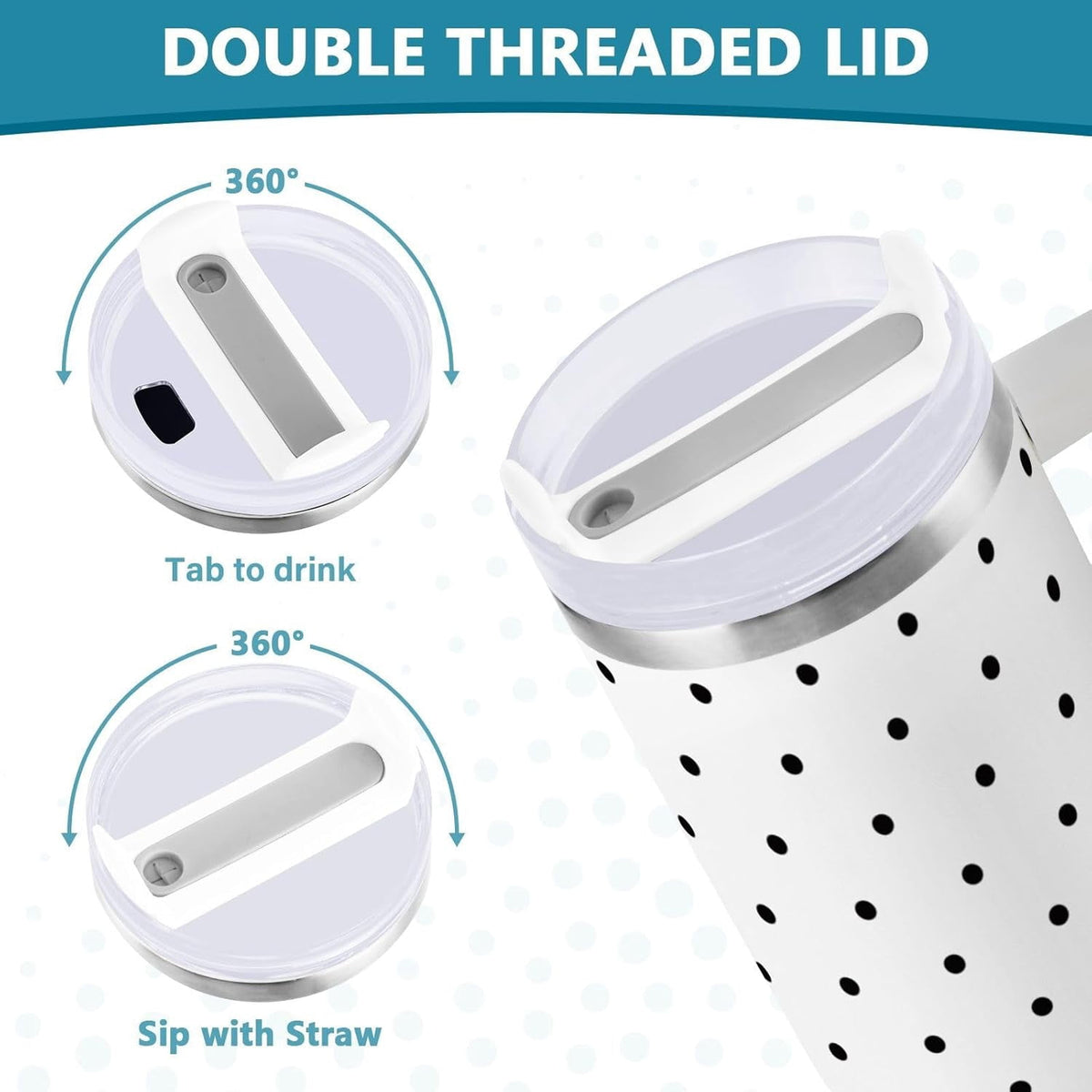 Lunabuddy™ 40 oz Tumbler with Handle Lid and Straw Insulated Water Tumbler Stainless Steel Water Cup Mug Bottle Reusable Cup Holder Friendly Polka Dot White