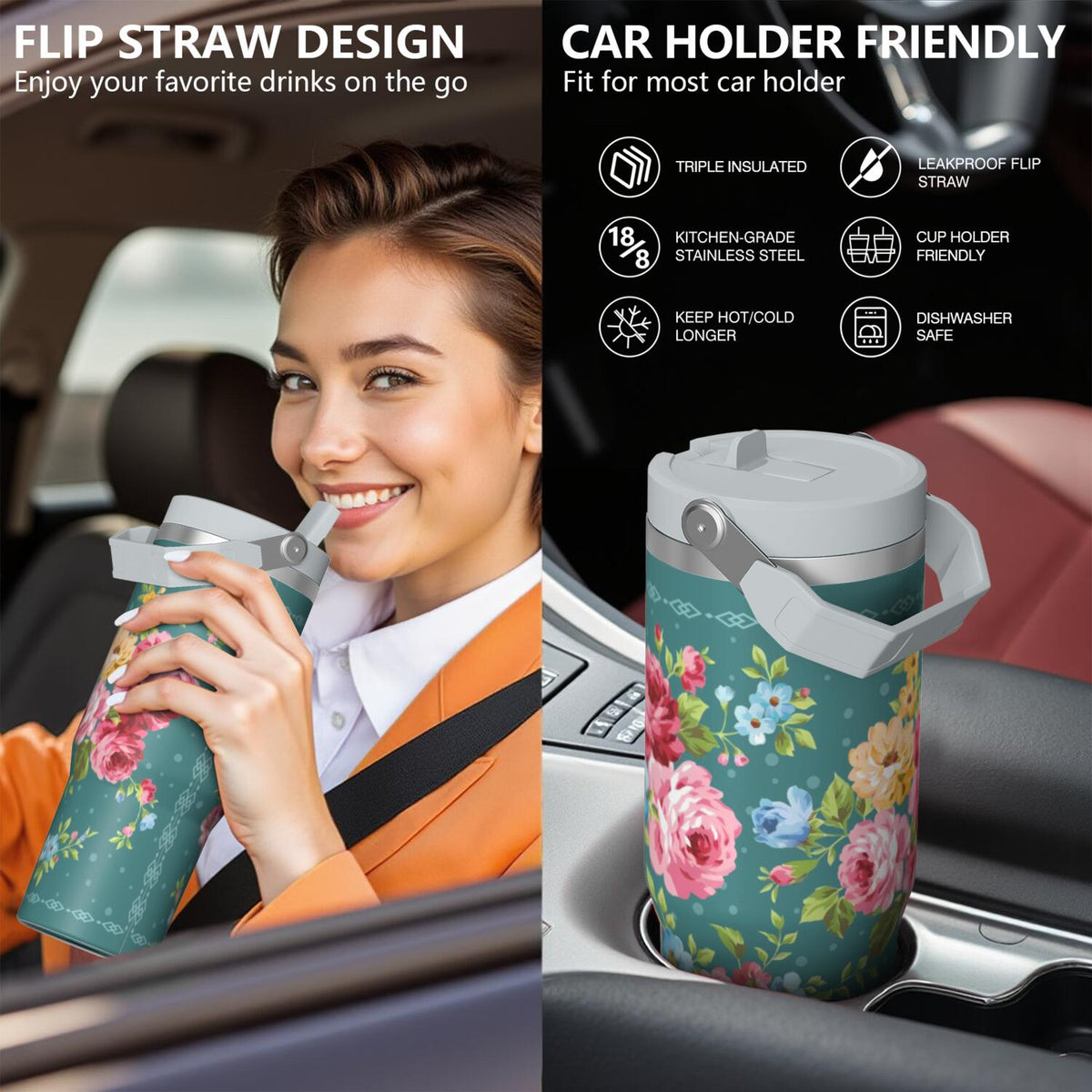 Lunabuddy™ 30oz Pioneer Colorful Floral Stainless Steel Flip Straw Tumbler with Lid and Straw Spill Proof Travel Cup Double Wall Vacuum Insulated Coffee Mug with Top Handled White