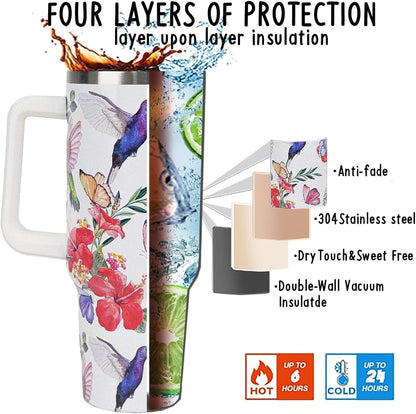 Lunabuddy™ 40 oz Tumbler with Handle and Straw Leak Proof Tumbler 40 oz Insulated Cup with Handle Hummingbird Coffee Travel Mug 40 oz Hummingbird Tumbler with Handle Hummingbird Gifts for Women