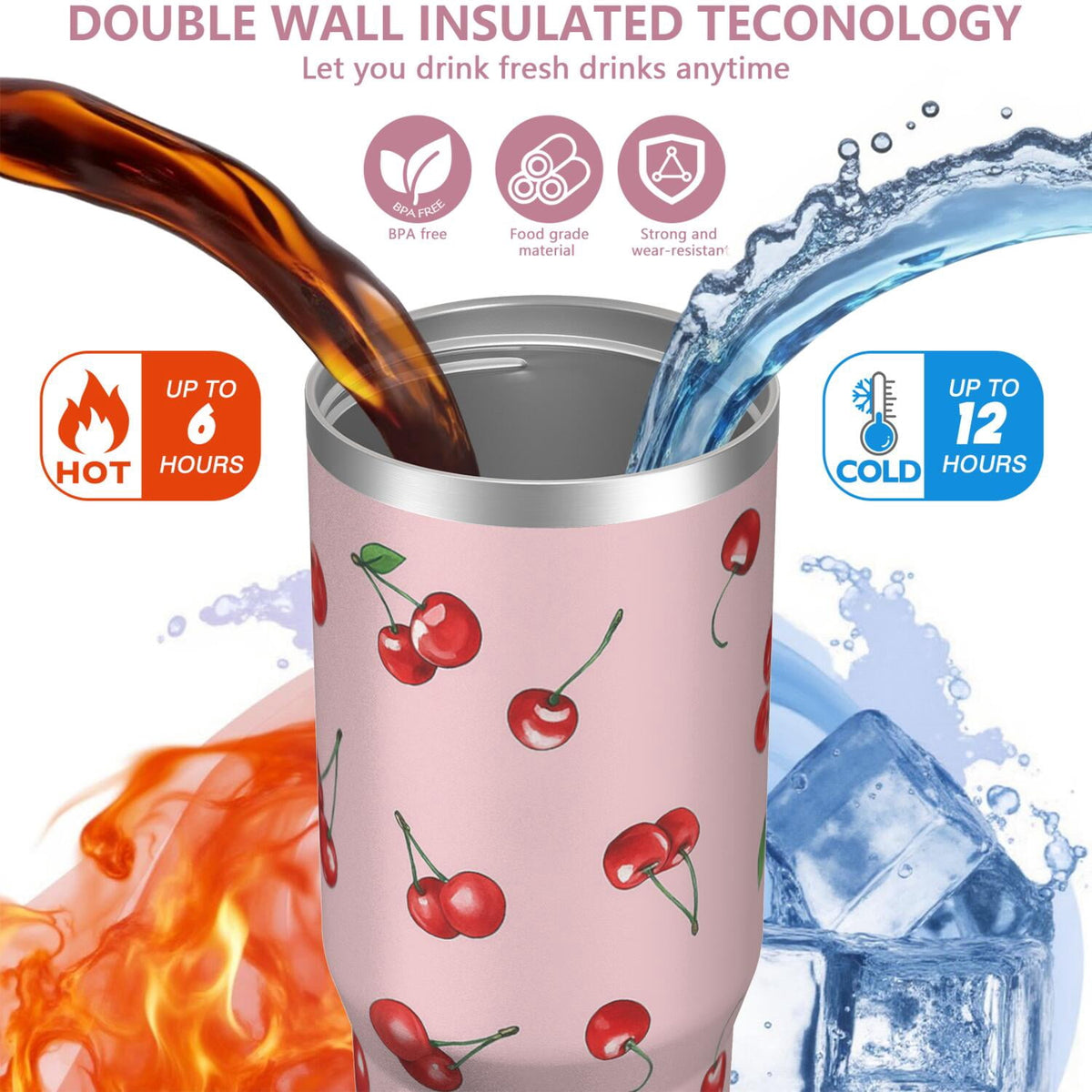 Lunabuddy™ 1pc cherry 30oz Tumbler with Straw & Handle - Insulated Stainless Steel Cup | Holiday Gift for Man Women (Christmas, Valentine's, Birthday)