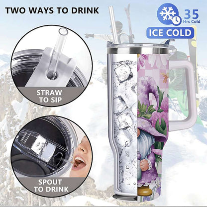 Lunabuddy™ Purple Floral Gnome Stainless Steel Tumbler with Handle and Straw, Insulated Travel Mug for Women, Cute Spring Flower Cup Gift