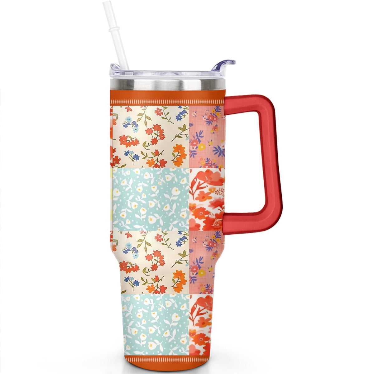 Lunabuddy™ 40oz Pioneer Colorful Floral Stainless Steel Flip Straw Tumbler with Lid and Straw Spill Proof Travel Cup Double Wall Vacuum Insulated Coffee Mug with Handle Red