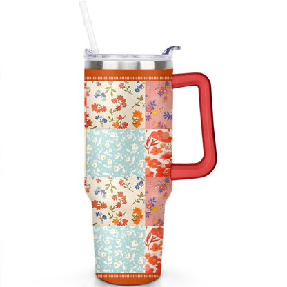 Lunabuddy™ 40oz Pioneer Colorful Floral Stainless Steel Flip Straw Tumbler with Lid and Straw Spill Proof Travel Cup Double Wall Vacuum Insulated Coffee Mug with Handle Red