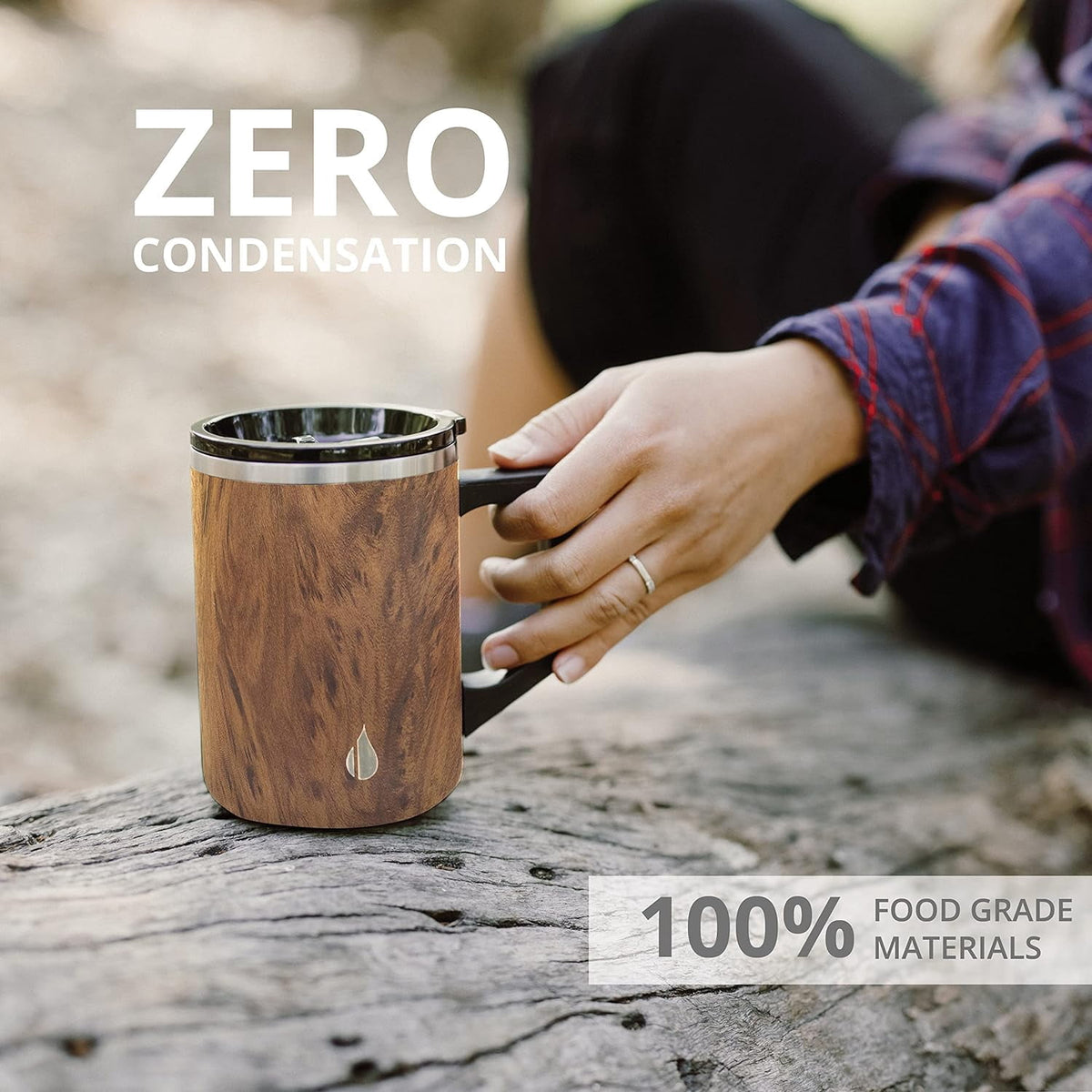 Lunabuddy™ Elemental Summit Insulated Coffee Mug with Lid & Handle, Insulated Vacuum Camp Coffee Cup, Triple Wall Stainless Steel Travel Mug, Hot and Cold Thermal Coffee Tumbler, 16oz - Teakwood