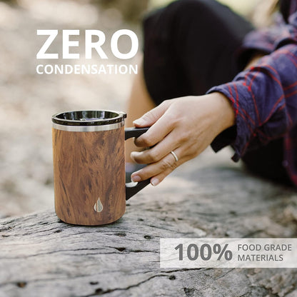 Lunabuddy™ Elemental Summit Insulated Coffee Mug with Lid & Handle, Insulated Vacuum Camp Coffee Cup, Triple Wall Stainless Steel Travel Mug, Hot and Cold Thermal Coffee Tumbler, 16oz - Teakwood