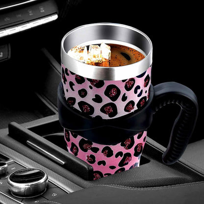 Lunabuddy™ Sunmdecor Pink Leopard Print Tumbler with Handle and Silicone Straws - 40 Oz Cheetah Insulated Tumbler - Leopard Cup Gift for Women