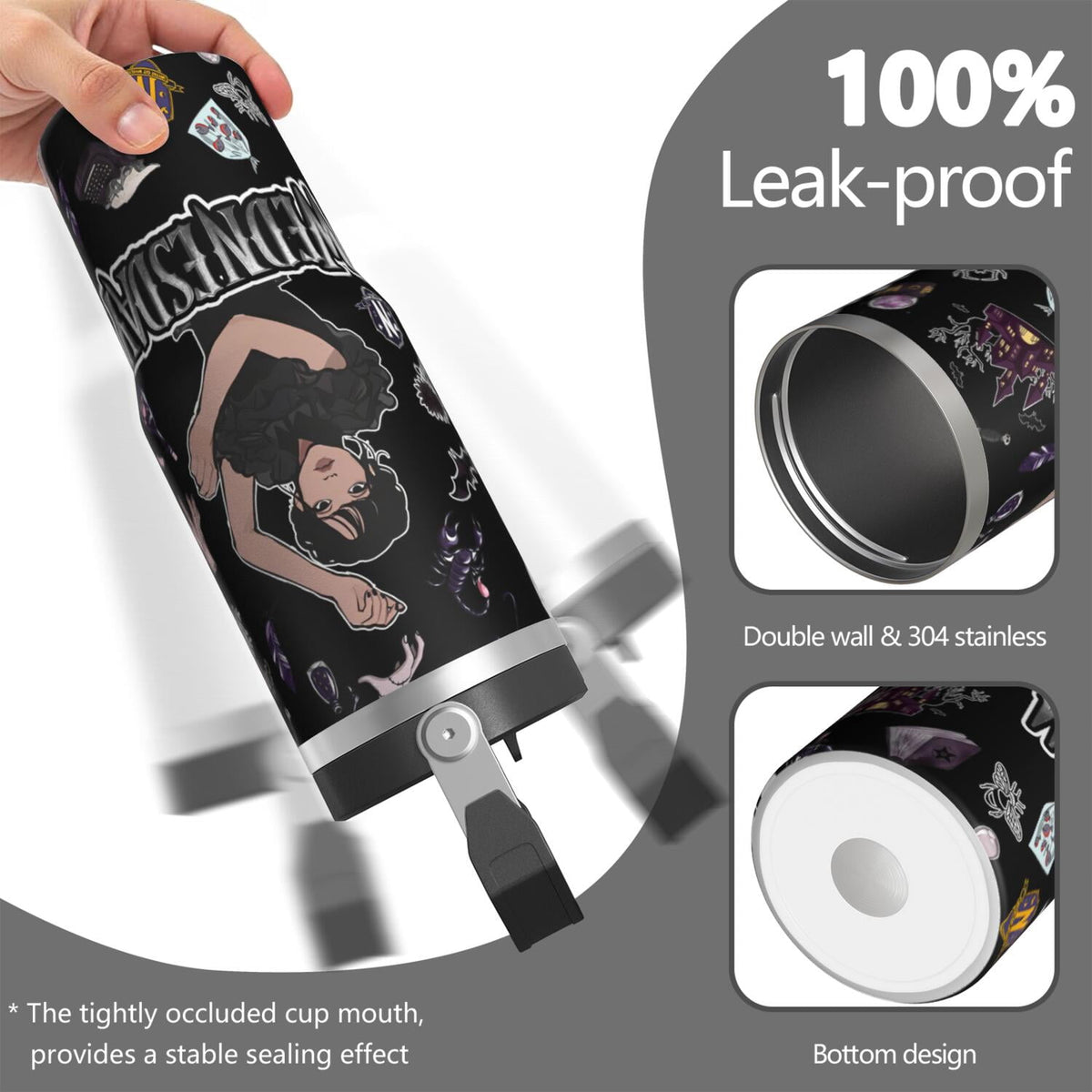 Lunabuddy™ 30oz Wednesday Girl Stainless Steel Tumbler with Lid and Straw,Wednesday Stuff Merchandise Spill Proof Travel Cup Double Wall Vacuum Insulated Coffee Mug with Top Handle Black