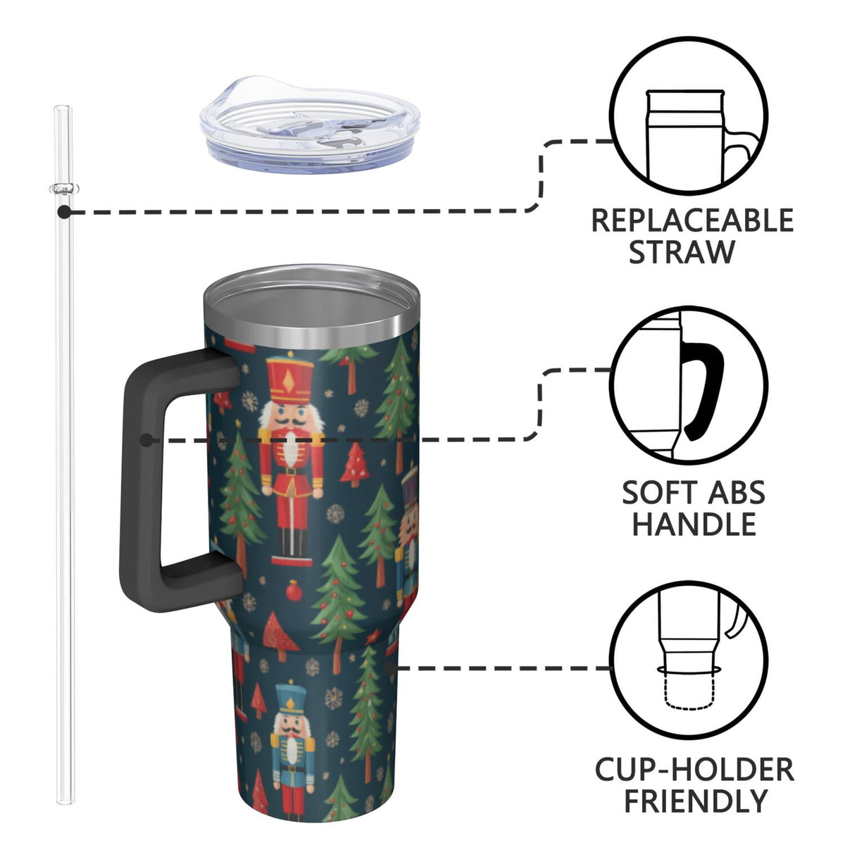 Lunabuddy™ 1pc nutcracker 40oz Tumbler with Straw & Handle - Insulated Stainless Steel Cup | Holiday Gift for Man Women (Christmas, Valentine's, Birthday)