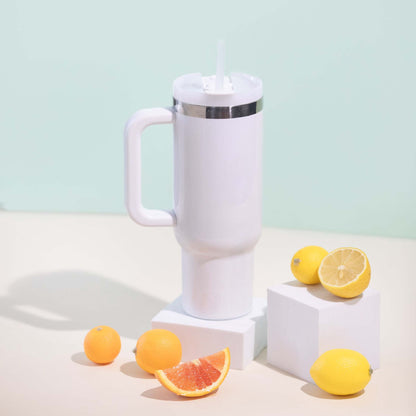 Lunabuddy™ 40 oz Ceramic Lined Road Trip Tumbler with Handle and Leak-Resistant Straw Lid, White Glitter