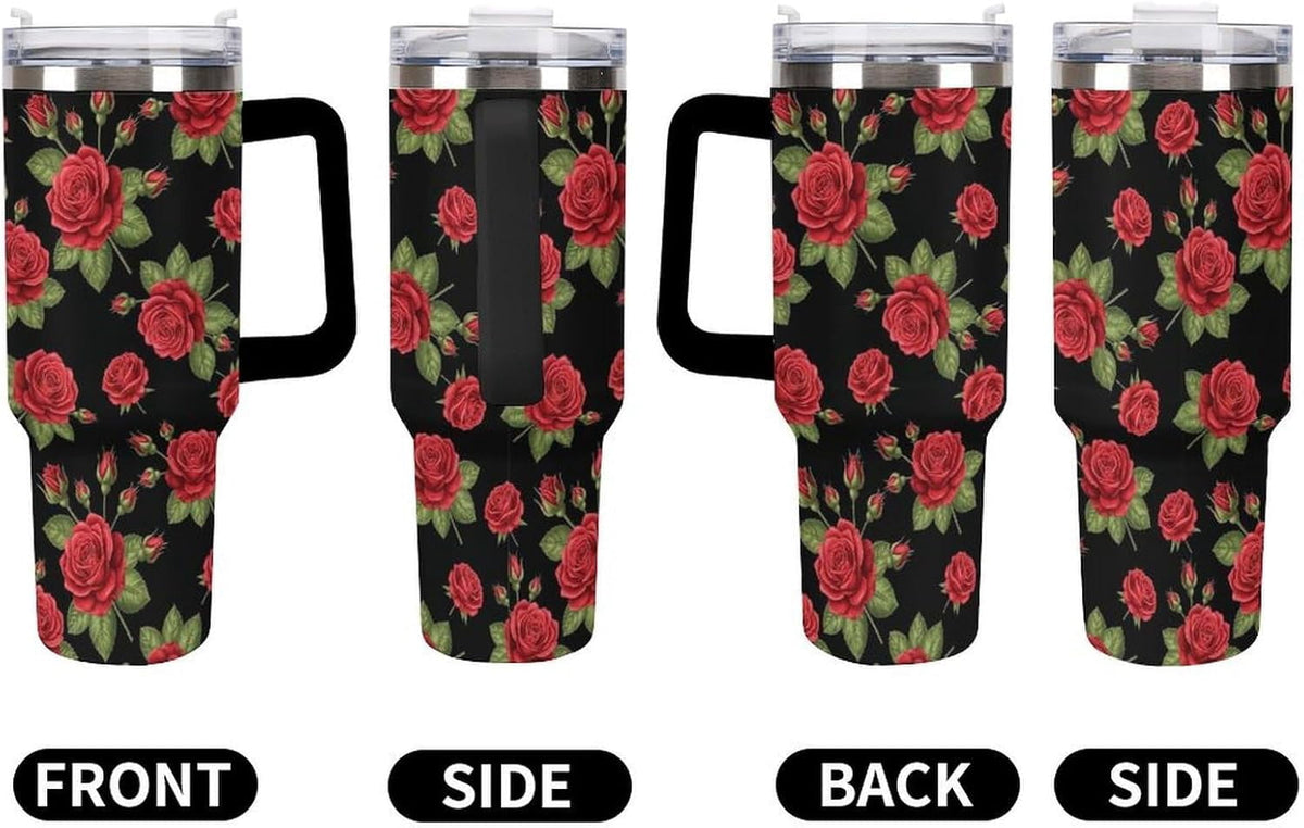 Lunabuddy™ 40 oz Insulated Floral Flowers Red Rose Coffee Tumbler with Portable Handle, Stainless Steel Vacuum Travel Mug for Unisex Home, Office Use