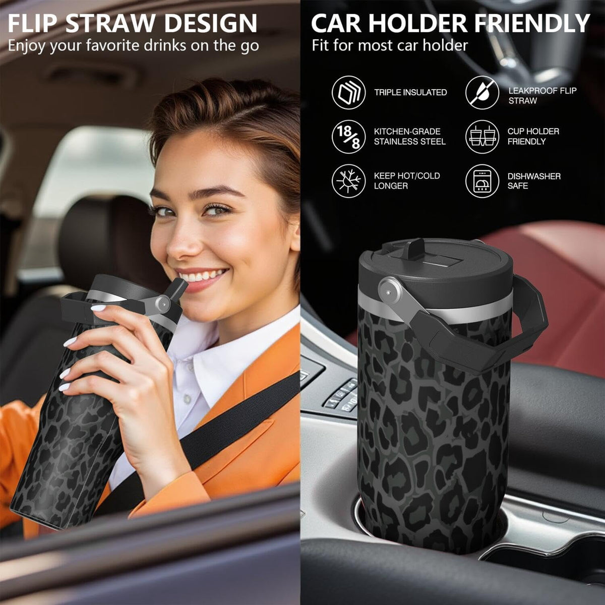 Lunabuddy™ 30oz Insulated Leopard Tumbler with Handle,Featuring a Leak-proof 2-in-1 Lid and Straw,a Vacuum-insulated Travel Coffee Mug,Portable Stainless Steel Water Bottle,Suitable for Both Women and Men
