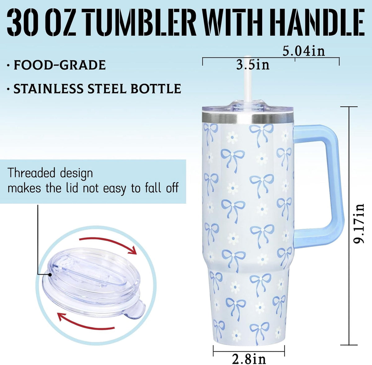 Lunabuddy™ 30 Oz Blue Bow Tumbler with Handle and Straw, Insulated Stainless Steel Coffee Travel Cup Mug Water Bottle, Blue Bow Themed Gifts for Women Teen Girl