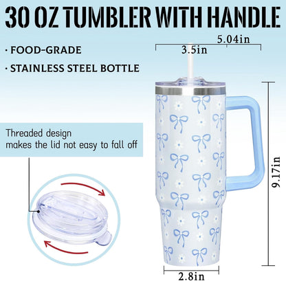 Lunabuddy™ 30 Oz Blue Bow Tumbler with Handle and Straw, Insulated Stainless Steel Coffee Travel Cup Mug Water Bottle, Blue Bow Themed Gifts for Women Teen Girl