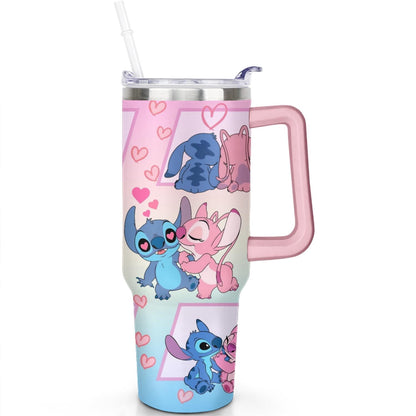 Lunabuddy™ 40oz Cartoon Movie Stainless Steel Tumbler with Lid and Straw,Spill Proof Cartoon Travel Cup for Cartoon Lovers Double Wall Vacuum Insulated Coffee Mug with Handle Pink