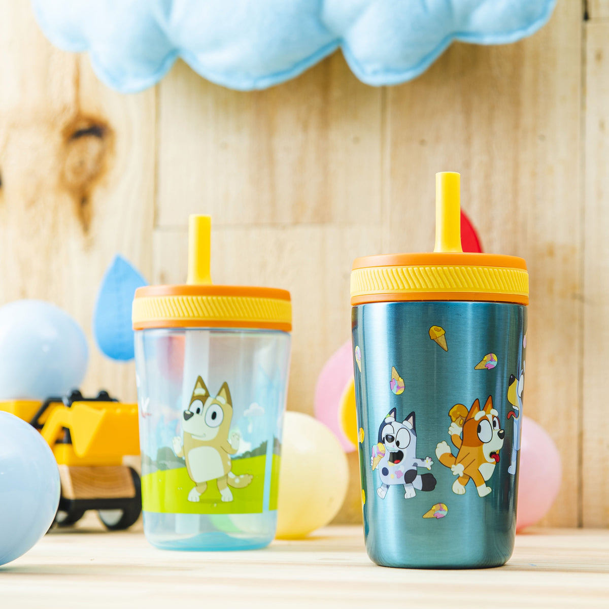 Lunabuddy™ 12oz and 15oz 2-Pack Straw Tumbler Stainless Steel and Plastic with Additional Straw Leakproof and Perfect for Kids, Bluey