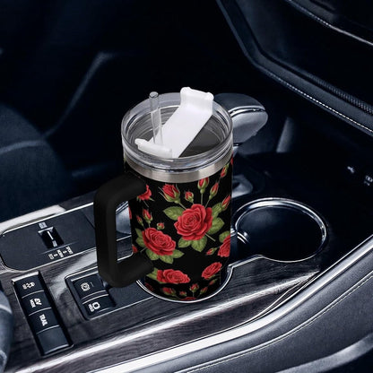 Lunabuddy™ 40 oz Insulated Floral Flowers Red Rose Coffee Tumbler with Portable Handle, Stainless Steel Vacuum Travel Mug for Unisex Home, Office Use