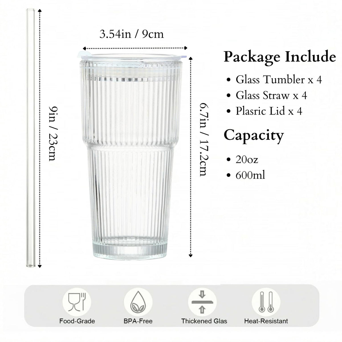 Lunabuddy™ 20 oz Clear Ribbed Glass Tumbler with Lid and Straw, Spill-proof Iced Coffee Cups, Hobnail Drinking Set of 4, Vintage Glassware