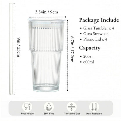 Lunabuddy™ 20 oz Clear Ribbed Glass Tumbler with Lid and Straw, Spill-proof Iced Coffee Cups, Hobnail Drinking Set of 4, Vintage Glassware