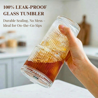 Lunabuddy™ 20 oz Clear Ribbed Glass Tumbler with Lid and Straw, Spill-proof Iced Coffee Cups, Hobnail Drinking Set of 4, Vintage Glassware