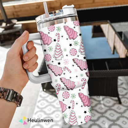 Lunabuddy™ Pink Christmas Tree Cakes Stainless Steel Tumbler 40Oz With Handle Insulated Tumbler Holiday Coffee Travel Mug for Tea, Latte, Hot Chocolate Seasonal Xmas Gifts for Women Men Coworker or Friends