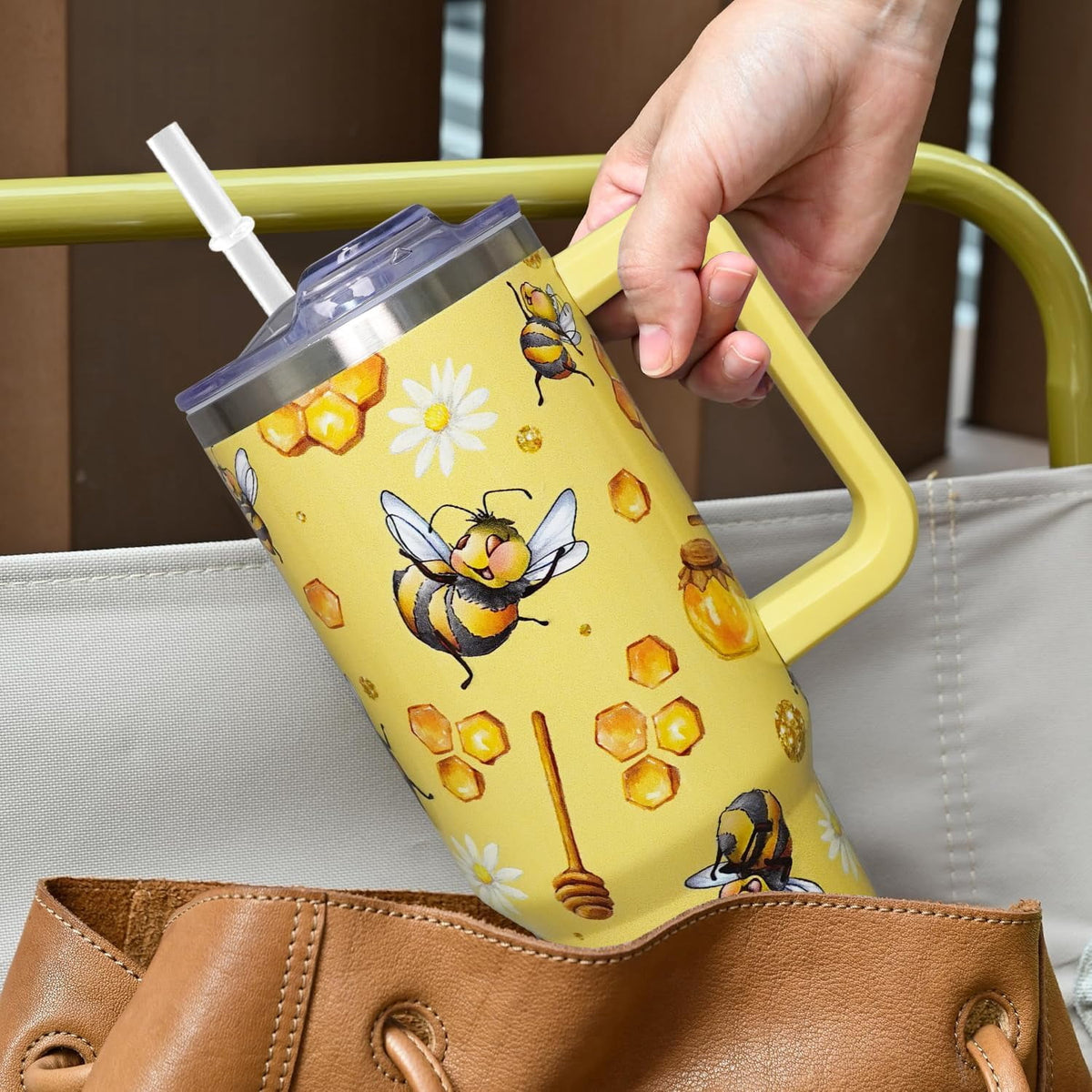 Lunabuddy™ 40oz Bee Tumbler With Handle Lid and Straw -Bee gifts for women Bee Travel Coffee Cup-Bee Gifts For Bee Lover-Bee Mugs