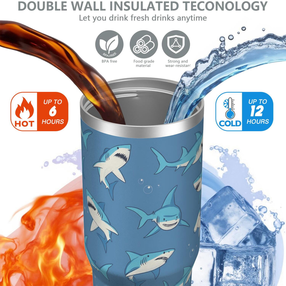 Lunabuddy™ 1pc shark 30oz Tumbler with Straw & Handle - Insulated Stainless Steel Cup | Holiday Gift for Man Women (Christmas, Valentine's, Birthday)