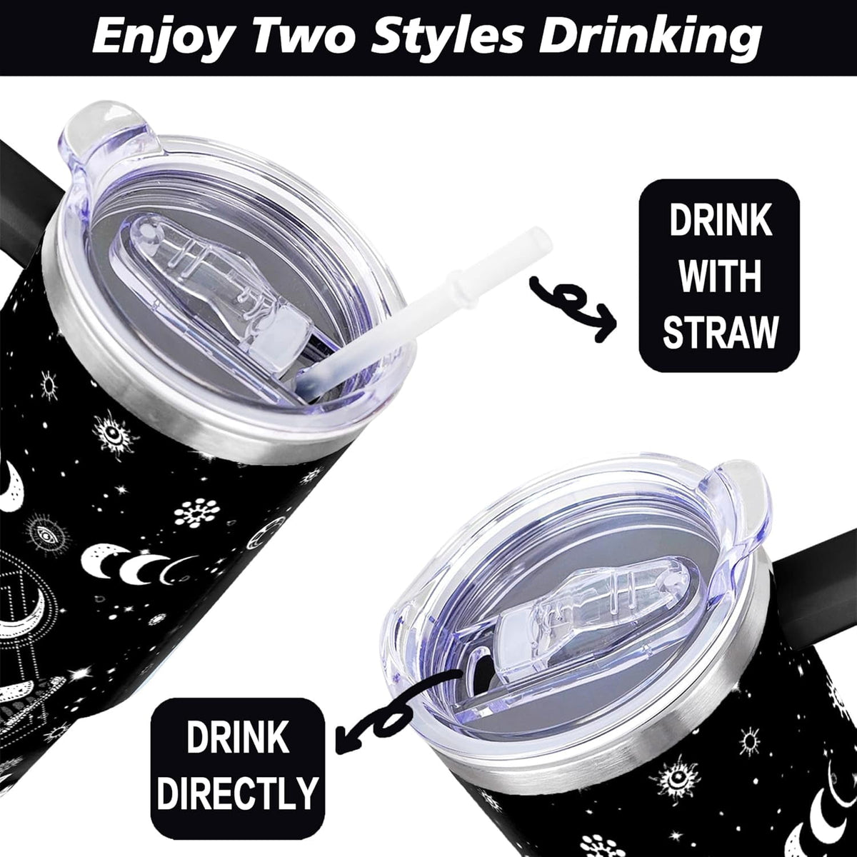 Lunabuddy™ 40oz Goth Gothic Tumbler with Handle and Straw, Stainless Steel Vacuum Insulated Flip Straw Butterfly Moon Tumbler, Spill Proof Travel Mug, Witch Decor Gifts for Women